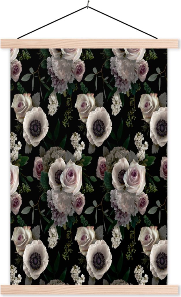 MuchoWow Textilposter Blumen - Rose - Anemone 120x180 cm mit holzfarbenen Rahmen - Textil-Plakat