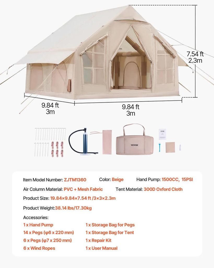 VEVOR Aufblasbares Zelt, geräumiges Design 3x2m, strapazierfähiges 300D Oxford-Gewebe, 3x3,1m