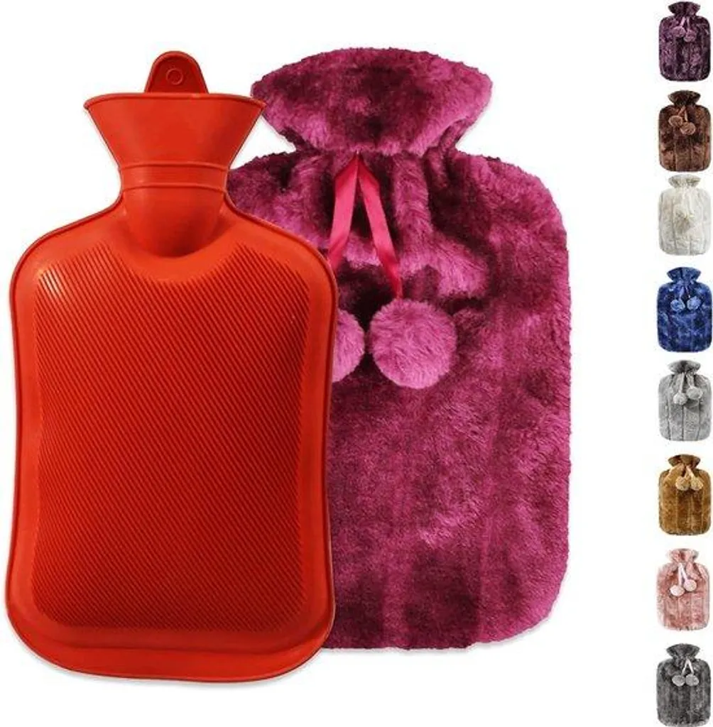 Bouillotte 2 litres housse en laine rose ultra douce, confort thermique long
