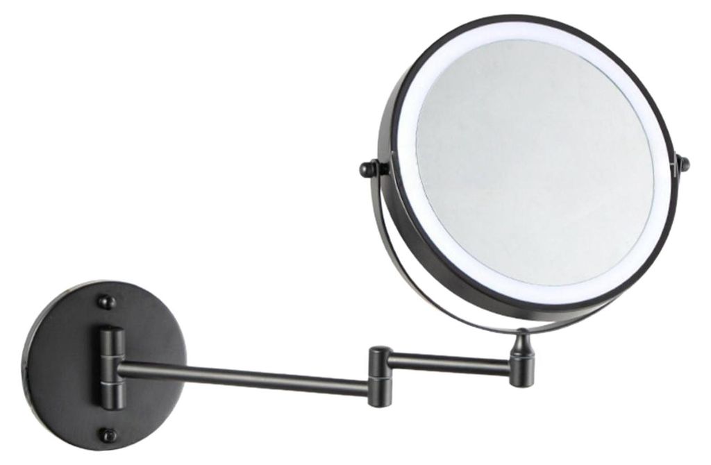 ZELURXX LED Make-up-Spiegel 8 Zoll, wandmontiert, doppelseitig, 5X Vergrößerung, 360° drehbar, 3 Lichtfarben, Schwarz