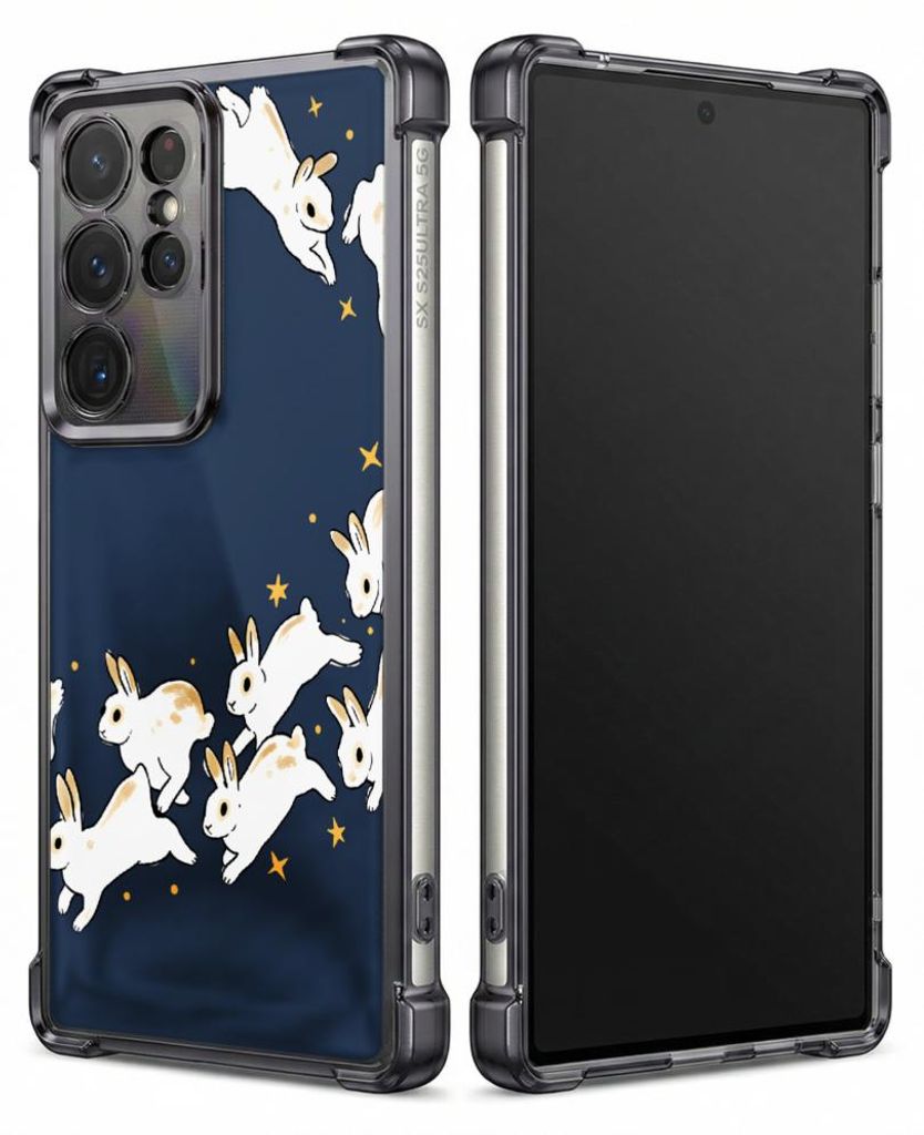 Personalisierte Hülle mit Bild für Samsung Galaxy S22+ Elektroplattiert TPU Stoßdämpfer Handyhülle mit Weiße Kaninchen rennen Sterne Nacht