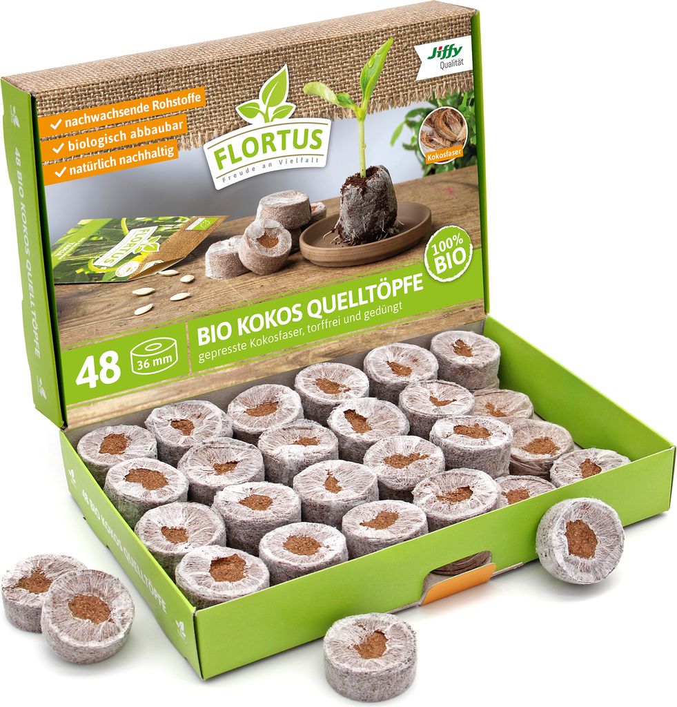 FLORTUS – Kokos Quelltöpfe aus Anzuchterde mit organischem Dünger – 48 Stück Kokos Quelltabletten torffrei & biologisch abbaubar – Quellt...