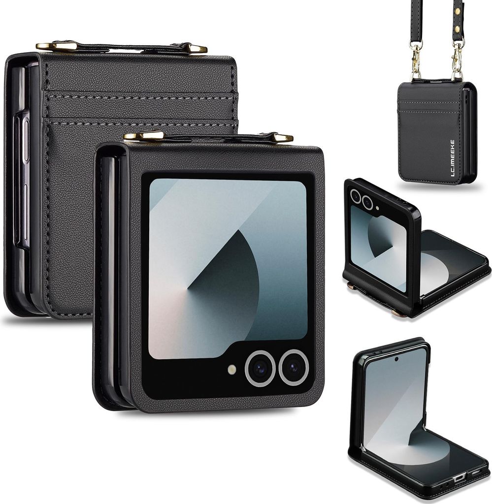 Handyhülle für Samsung Galaxy Z Flip 7, Leder Crossbody Klapphülle mit Umhängegurt und Kartenfach Schwarz