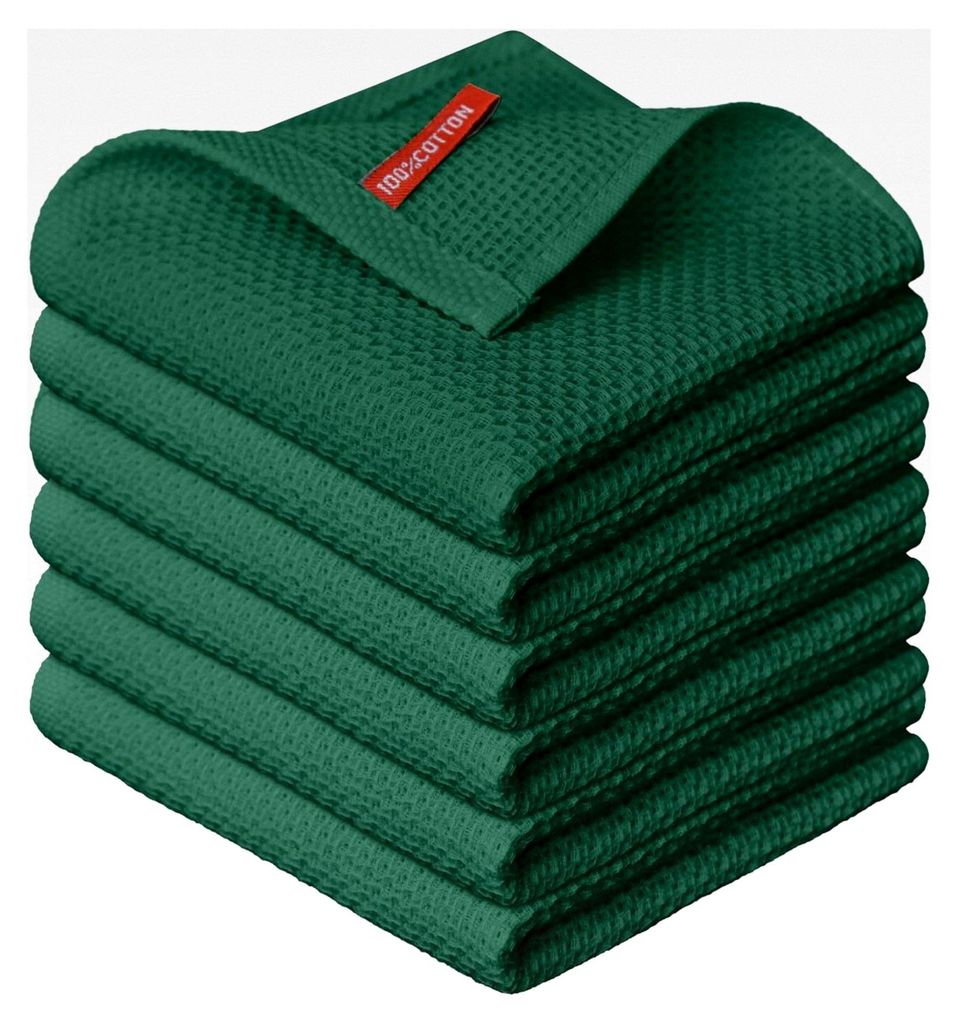 Waffel Dunkelgrün 100% Baumwolle Küchentücher Geschirrtücher, 6er Set 30x30 cm Waschbar Saugfähig