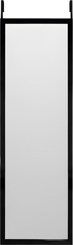 A full-length mirror with a black frame, hanging from two hooks at the top.