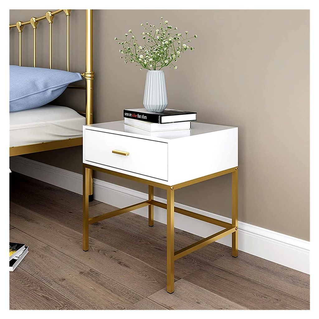 Nachttisch aus Schmiedeeisen mit 1 Schublade in Weiß und Schwarz, für Wohnzimmer, Schlafzimmer, Küche, 45 x 38,5 x 50 cm (Farbe: Gold)
