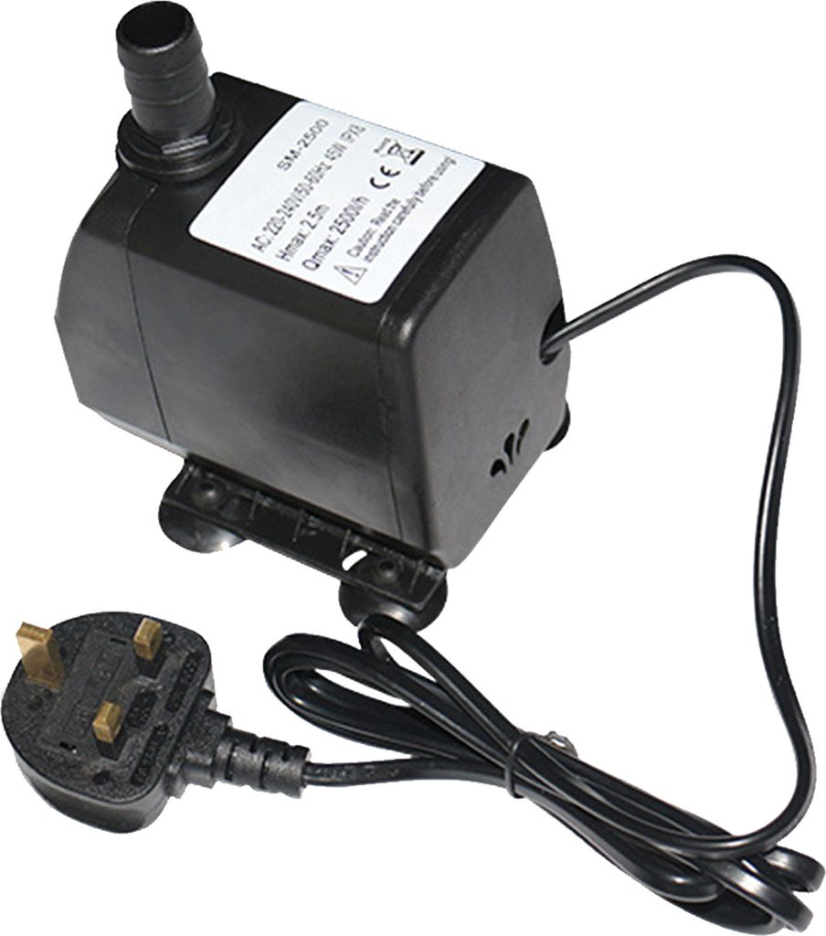 A black submersible water pump with a power cord and plug.