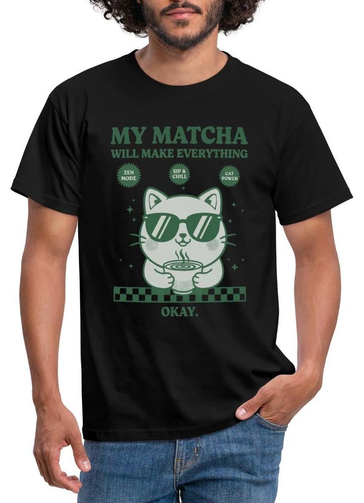 Spreadshirt My Matcha Will Make Everything Okay | Matcha Katze Männer T-Shirt, 3XL, Schwarz