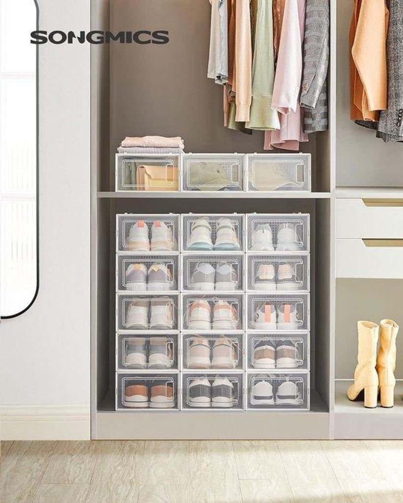 Plastik-Schuhschutzbox - Set von 18 - Faltbar und stapelbar - Transparent weiß - bis Größe 42
