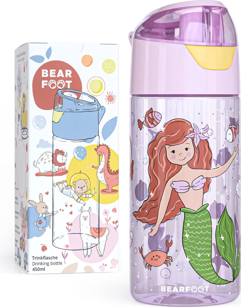 Trinkflasche Kinder 450ml, leichte Tritan Wasserflasche, BPA frei, auslaufsicher, Kohlensäure geeignet, spülmaschinenfest, Mädchen - Meerjungfrau