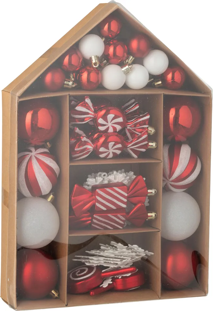 Kit décoration sapin de Noël J-Line 59 boules rouge blanc pour fêtes