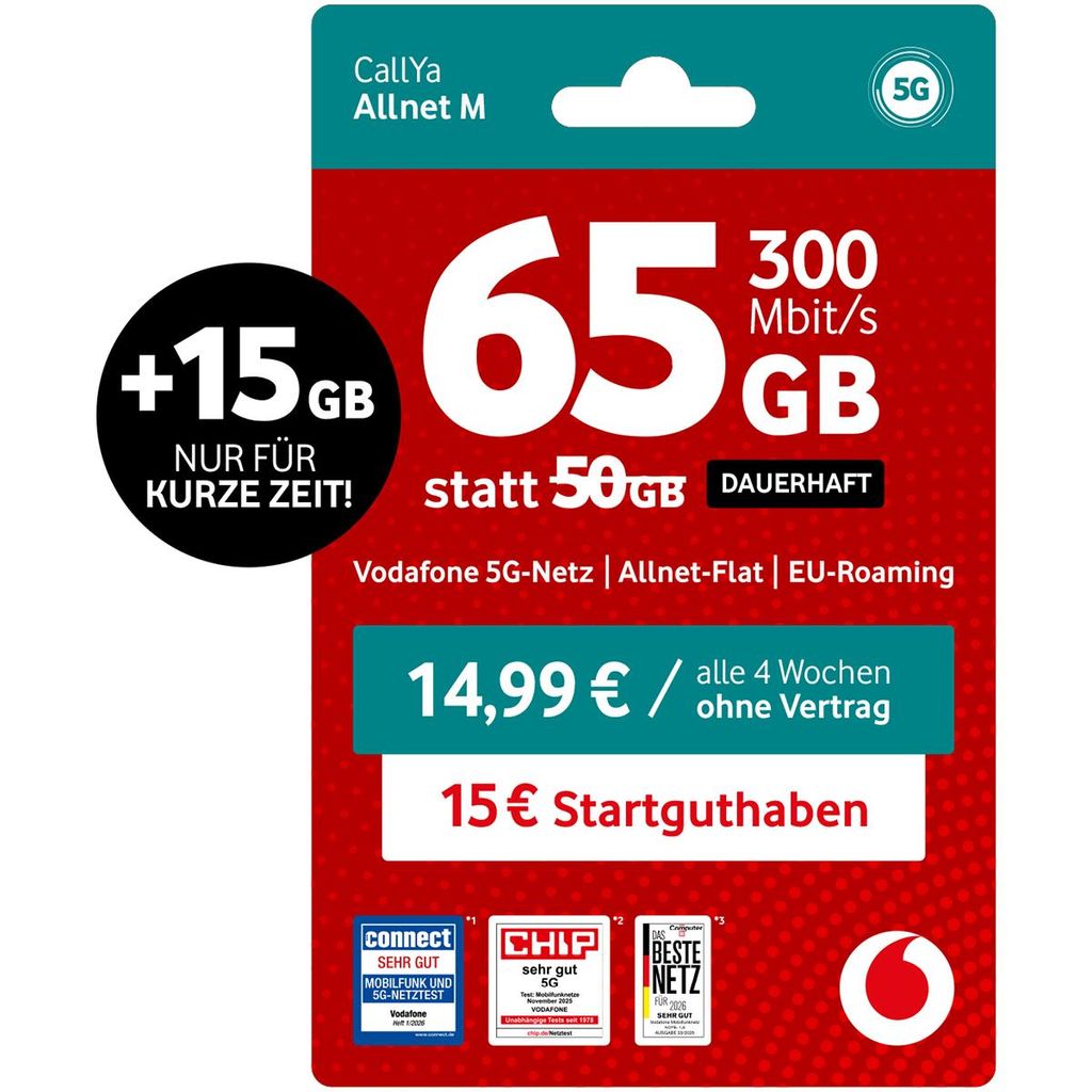 Vodafone Prepaid CallYa M | 65 GB statt 50 GB | 15 EUR Produktbild 