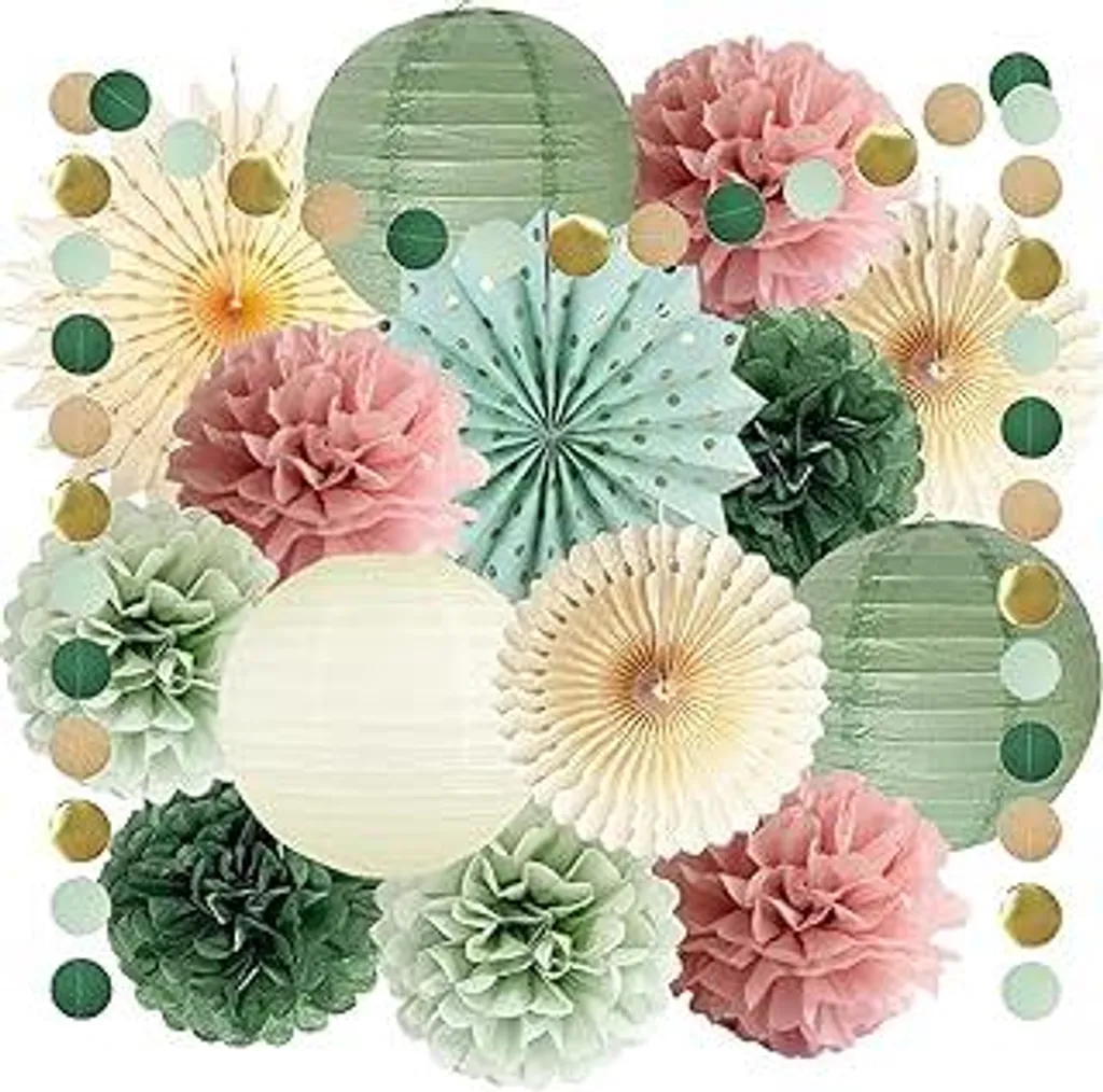 Decorazioni Matrimonio Verde Salvia Rosa: Pompon e Lanterne Velina
