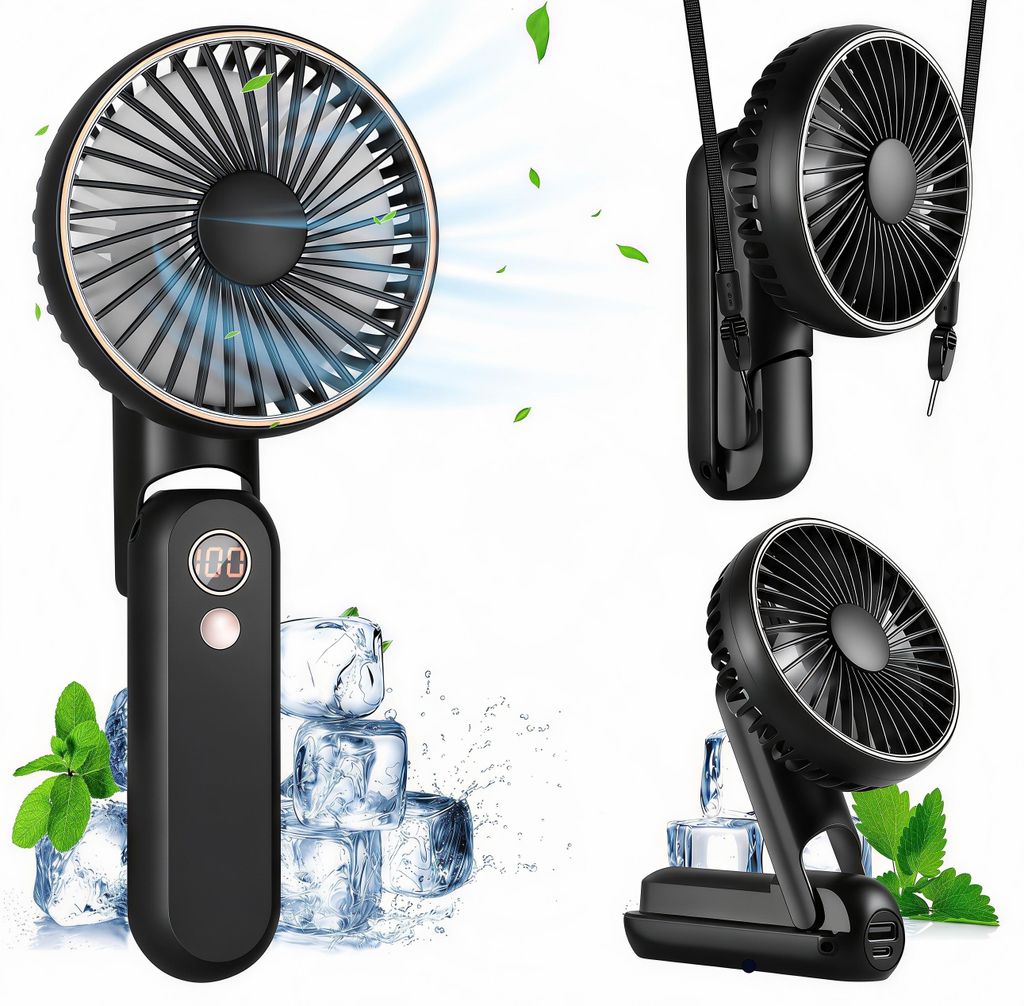 Handventilator,Tragbarer USB Handyhalter Lüfter,Mini Hand Ventilatoren mit 5 Windgeschwindigkeit,4000mAh Akku,180°-Faltbar&LED-Display,Leise,Schwarz