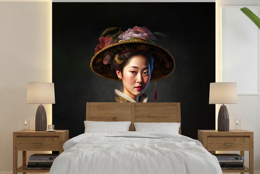 MuchoWow Fototapete für Wohnzimmer oder Schlafzimmer Wandtapete Vinyl Motivtapete Frau - Porträt - Blumen - Hut - Asiatisch - 220x220 cm - Tapeten