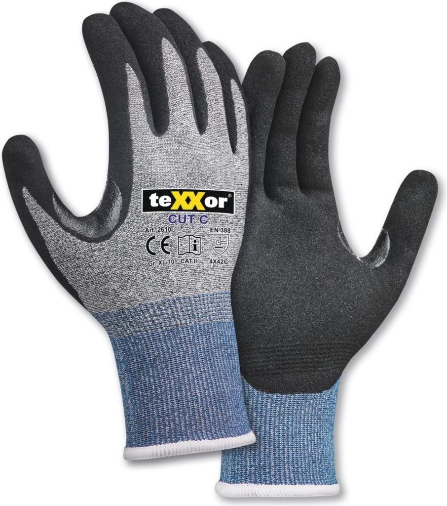 teXXor Schnittschutz-Strickhandschuhe CUT C, Grau-meliert/Blau/Schwarz