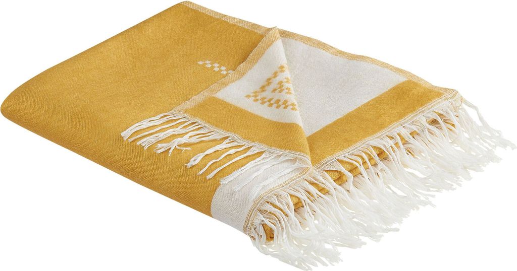 BELIANI Decke Gelb und Weiß 130 x 170 cm mit Fransen Boho Stil Modern für Schlafzimmer Wohnzimmer Sessel Sofa