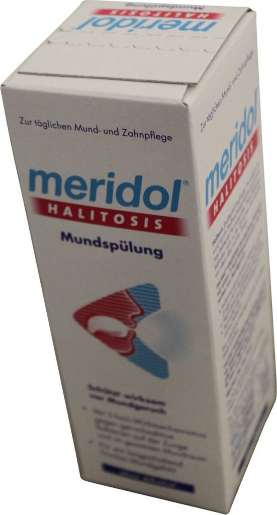 A product box for Meridol Halitosis mouthwash.