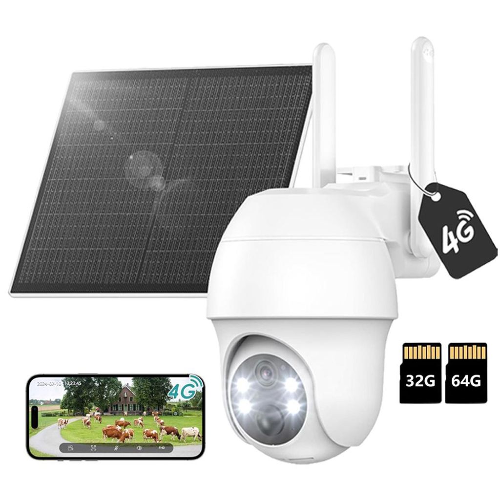 4G LTE Überwachungskamera Aussen Akku Solar 2K Kamera Überwachung mit SIM Karte Ohne WLAN Kamera PTZ Farbnachtsicht PIR Bewegungsmelder mit 32G &...