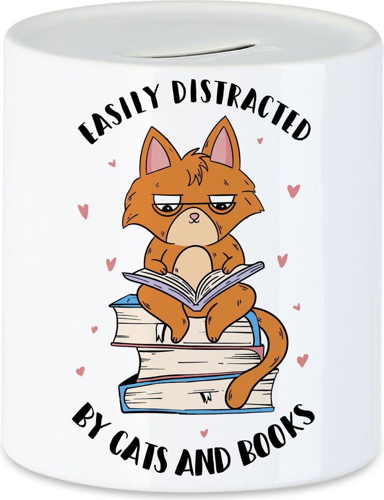 Easily distracted by cats and books Spardose Bücherliebhaber Katzenfreunde süße Katze Bücherwurm lesen