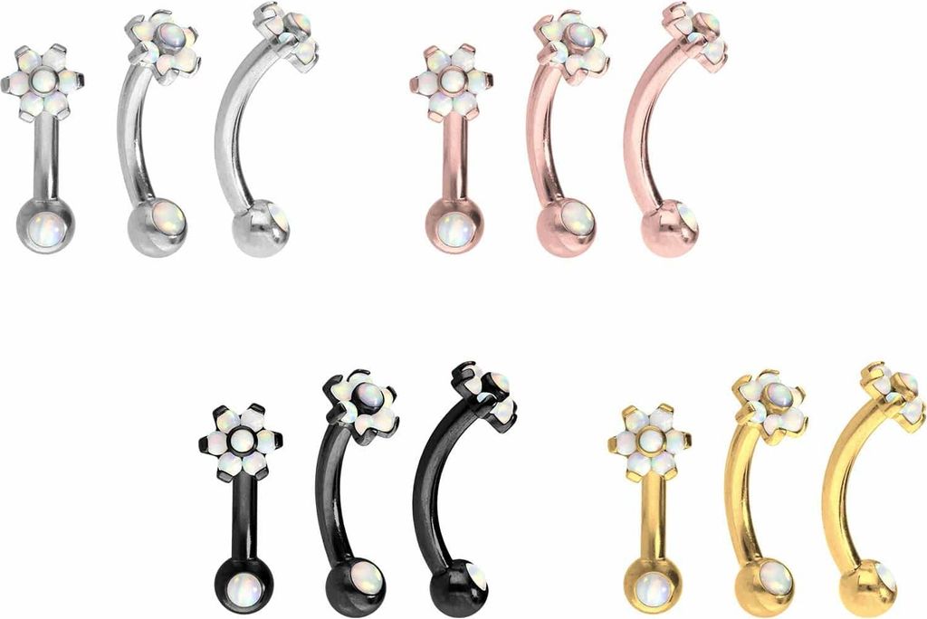 Bauchnabel-Piercing, Rook Piercing Titan Banane mit Push Fit BLUME MIT 7 SYNTHETISCHEN OPALEN + OPALKUGEL Silber Stablänge: 8mm | Discgröße: 4mm