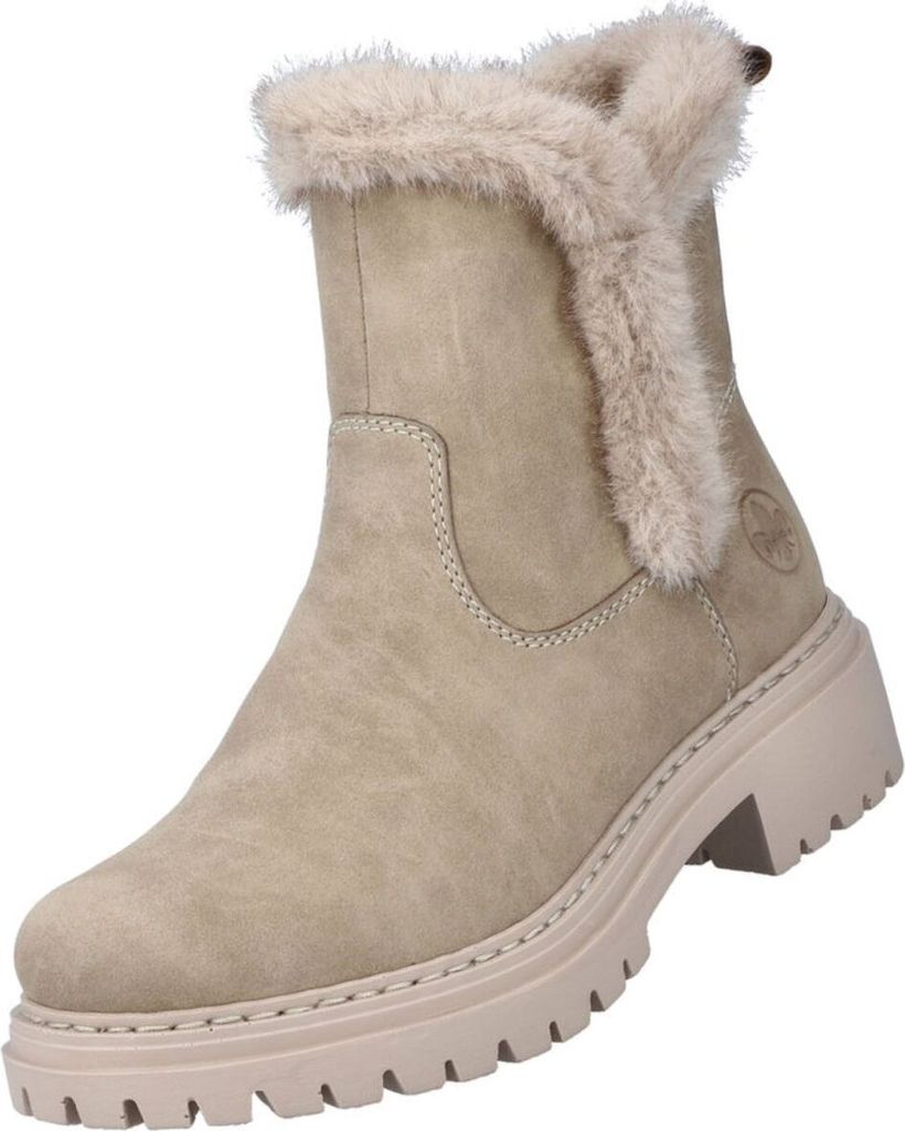A single beige winter boot with cream-colored faux fur trim is shown against a white background.