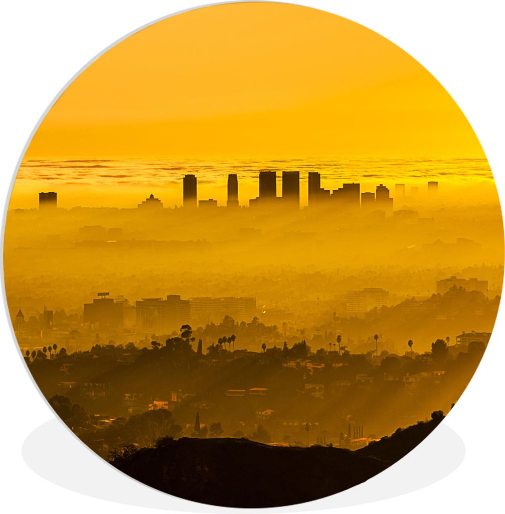 MuchoWow Rundes Wandbild - Runde Bilder Los Angeles - Nebel - Gelb Ø 30 cm Kreis Wanddekoration Kunststoff - Wandkreis - Wandschmuck - Schlafzim...