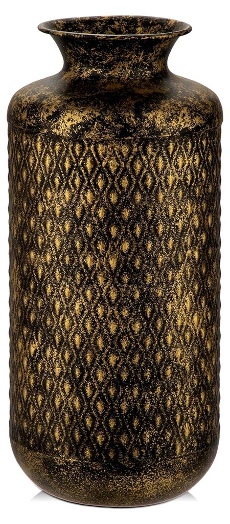 Blumenvase, 35,5 cm hohe rustikale schwarze Metallvase mit goldenen Mustern für Blumengestecke, Trockenblumen, Esstisch und Bürodekoration