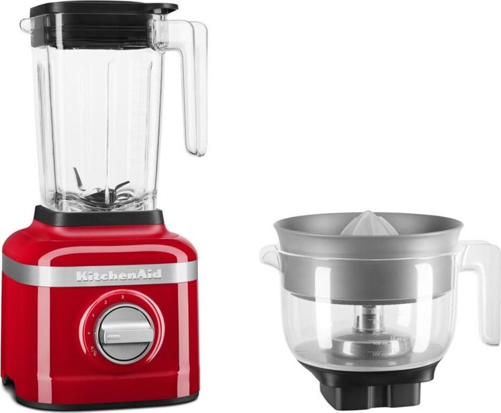 A red KitchenAid blender and a citrus juicer attachment are shown against a white background.