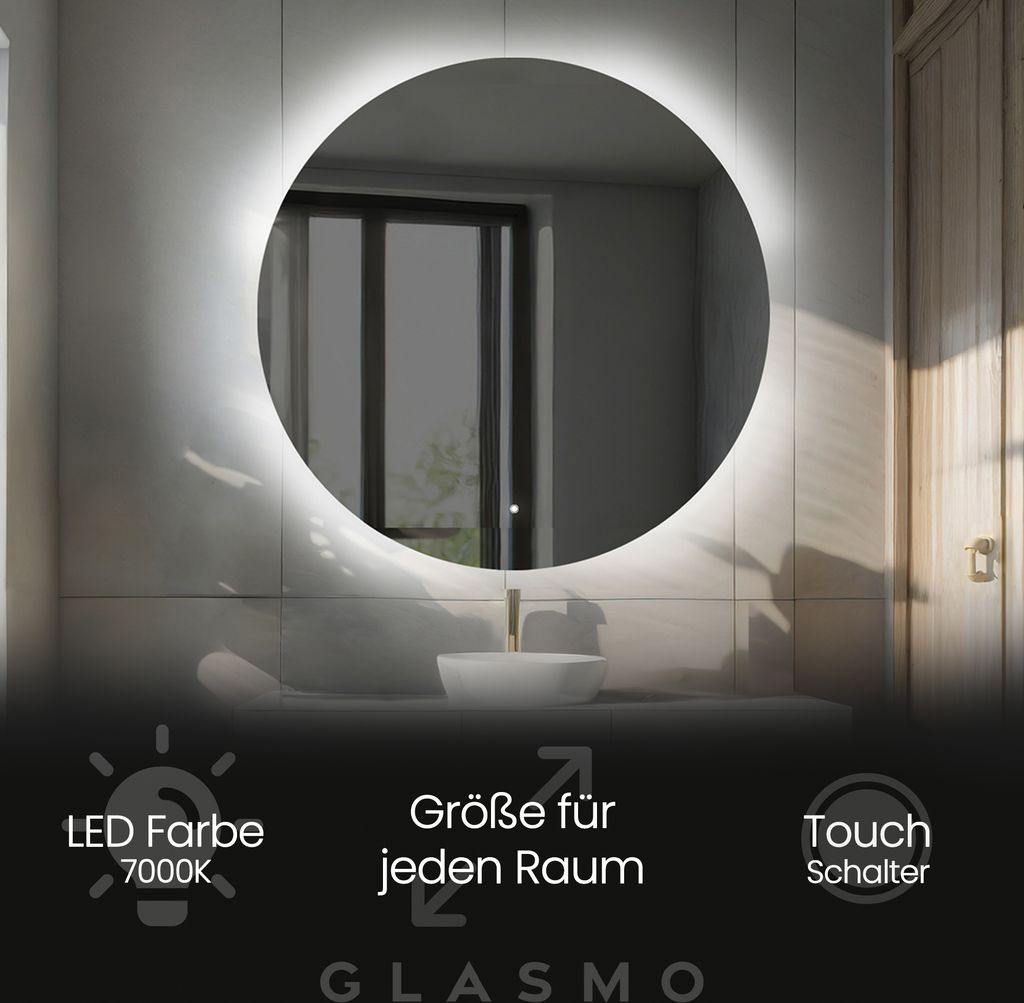 Badspiegel mit LED Beleuchtung 100 cm Elsie - Rund Spiegel mit Beleuchtung - Kaltweiß 7000K - Badezimmerspiegel Lichtspiegel mit Touch Schalter