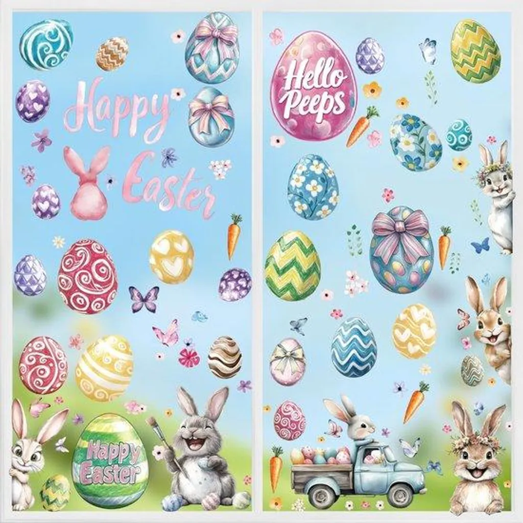 Stickers de Fenêtre Pâques Lapins et Poussins - 9 Feuilles Colorées