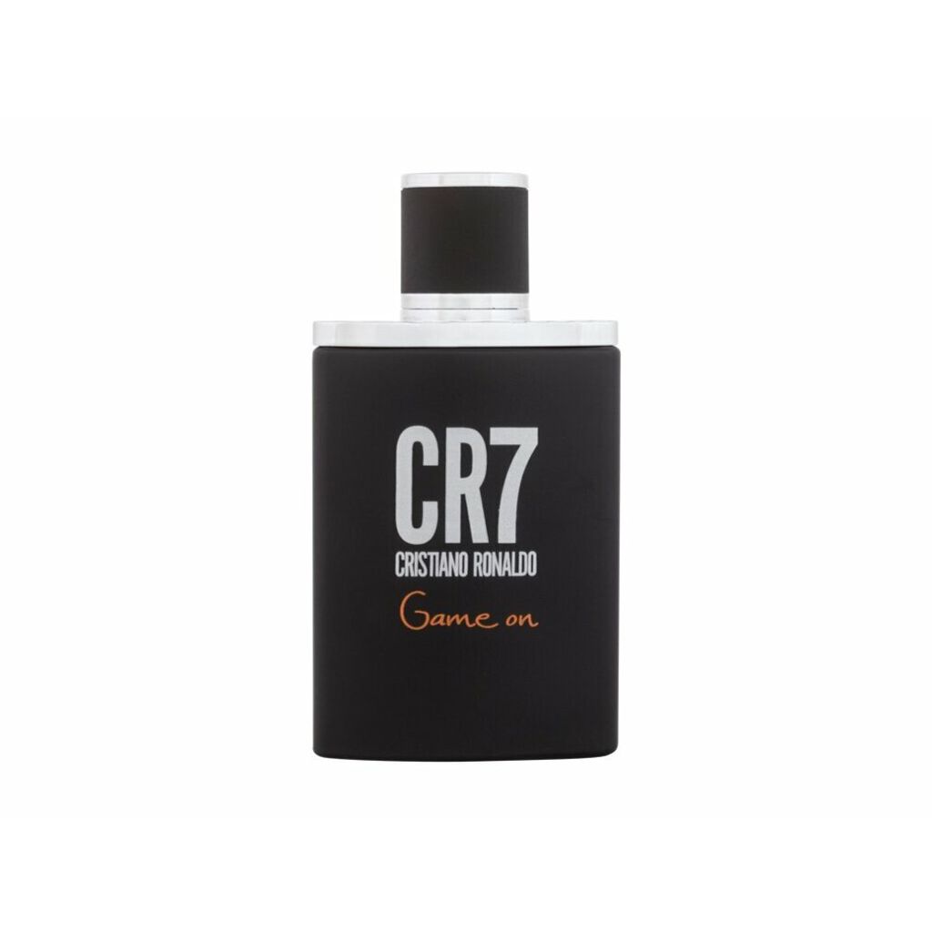A black bottle of Cristiano Ronaldo CR7 Game On Eau de Toilette for men.