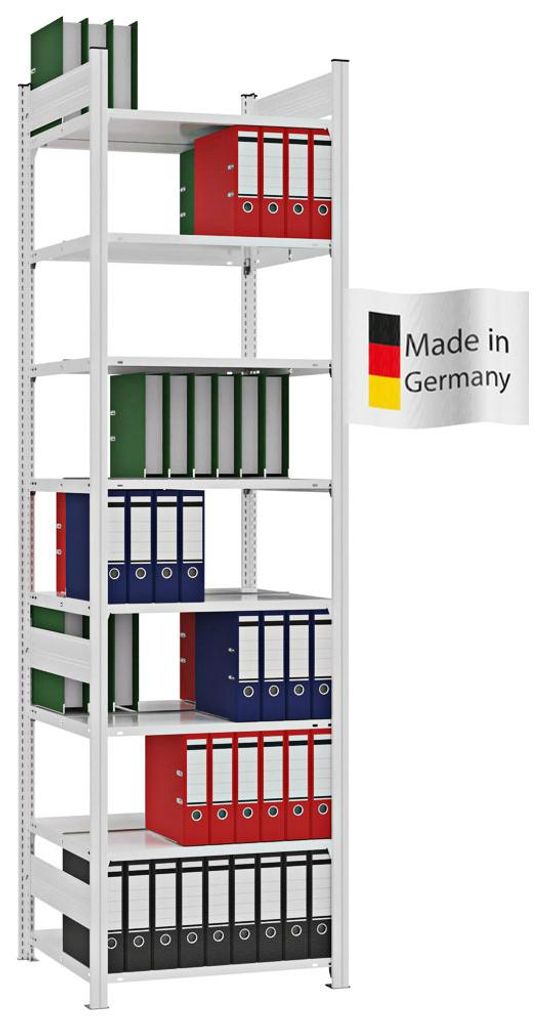 PROREGAL Aktenregal Stecksystem MAGNUS Germany | HxBxT 270x75x60cm | 8 Ebenen | Fachlast 90kg | Beidseitig nutzbar | Lichtgrau
