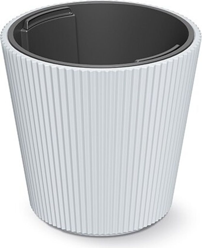 A white ribbed planter with a dark gray inner liner, shown from a slightly elevated angle against a white background.