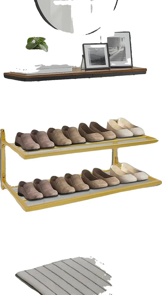 Range-chaussures mural 2 niveaux en métal doré chic pour petit espace
