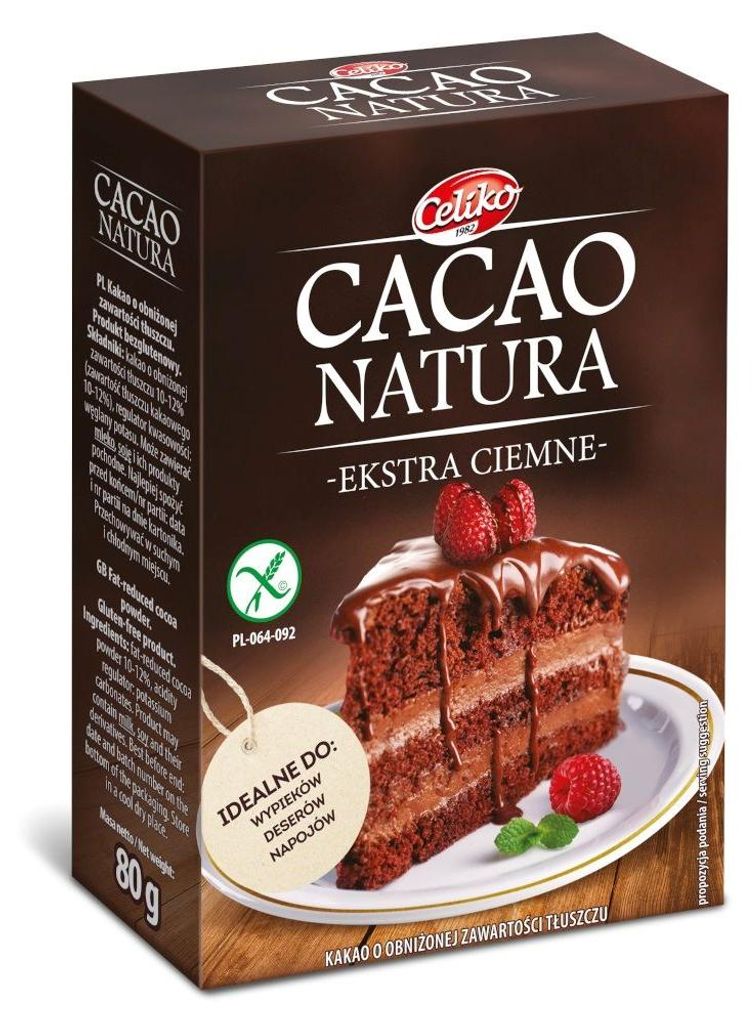 KAKAO W PROSZKU O OBNIŻONEJ ZAWARTOŚCI TŁUSZCZU EKSTRA CIEMNE BEZGLUTENOWE 80 g - CELIKO