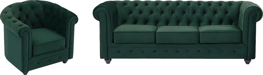 3-Sitzer Sofa und Sessel aus grünem Velours - CHESTERFIELD