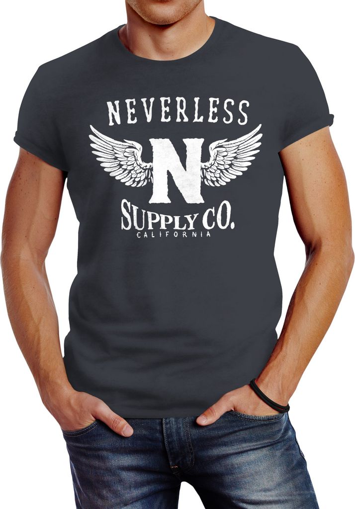 Herren T-Shirt Neverless Supply Adler Wings Slim Fit Neverless dunkelgrau S