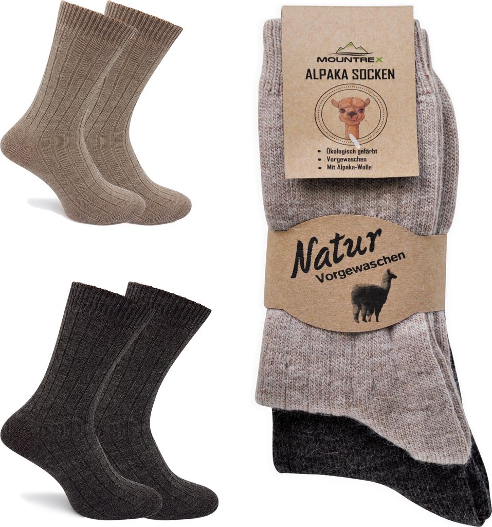 MOUNTREX Alpaka Socken, Wollsocken für Damen, Herren - Wintersocken, Kuschelsocken - 2 Paar, Beige/Braun (Dünn), 43-46