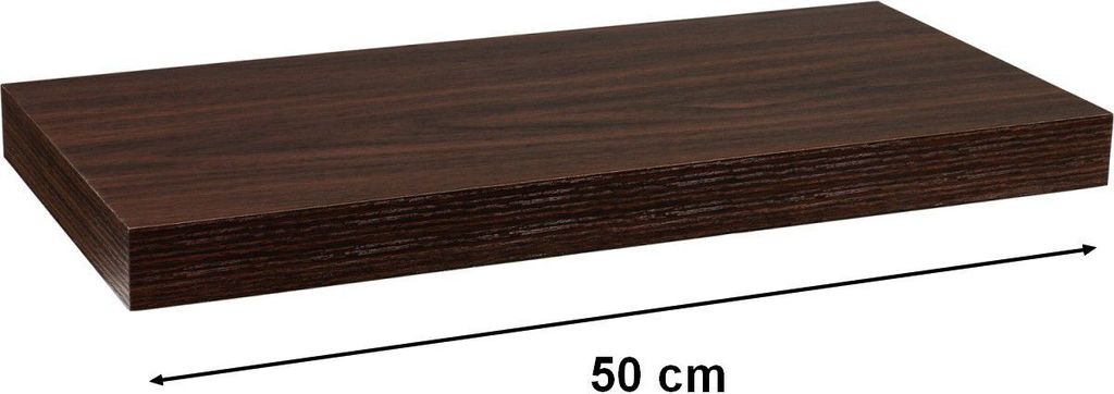 A dark wood-effect floating shelf with a measurement indicator.