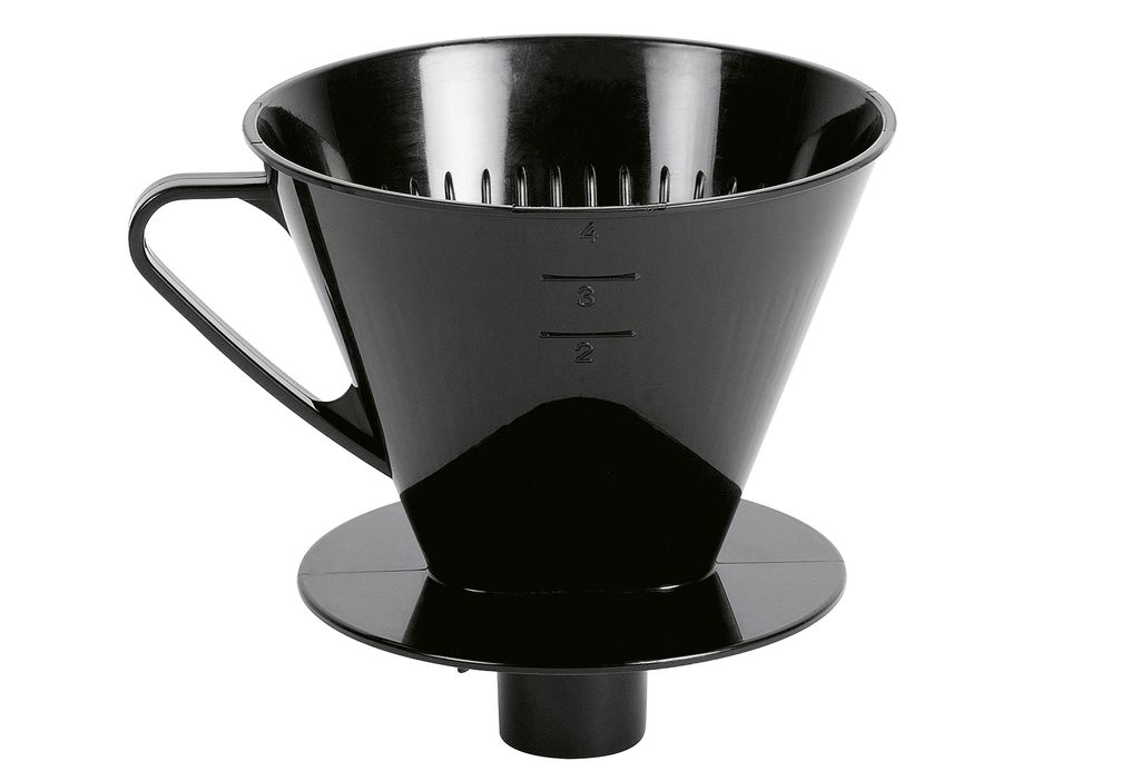 A black plastic coffee filter cone with a handle.