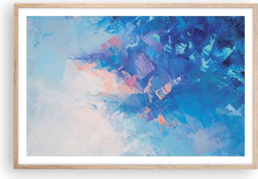 Gerahmtes Poster - Rahmen in heller Eiche - Abstraktion blau gemalt - 91,5x61 cm - Wand Bild - Wanddeko - Wandbilder - Kunstposter - Wandposter - B...