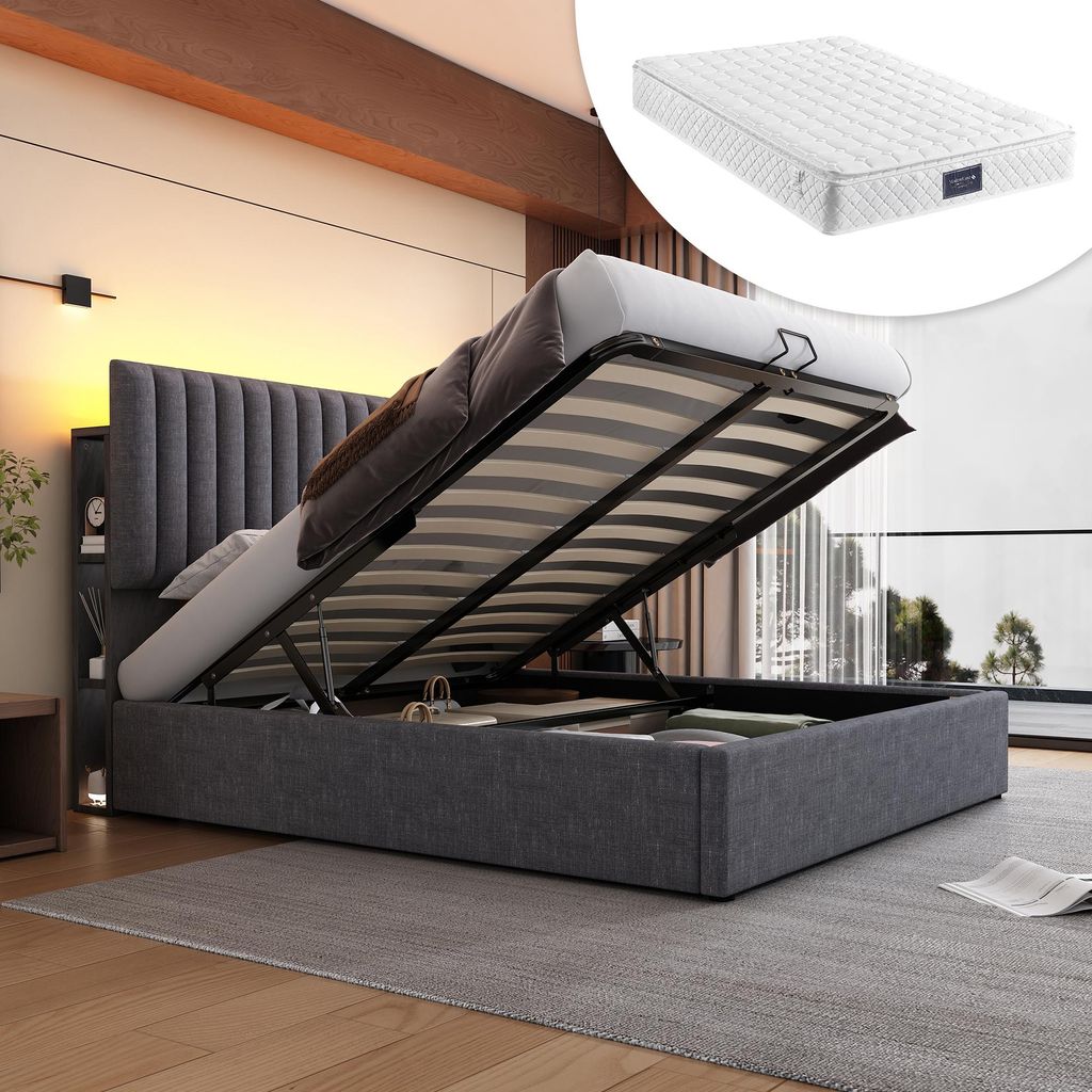 Polsterbett Stauraum Doppelbett LED Bett mit USB Type C , Stauraum & Verstellbares Kopfteil ,160x200cm Grau Mit Matratze