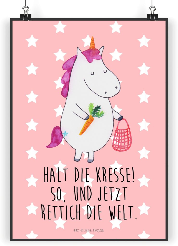 Mr. & Mrs. Panda Bild Einhorn Gemüse DIN A5 - Rot Pastell - Geschenk, wanddeko, Unicorn, Einhörner, Wandbild, Biomarkt, Kunstdruck, Wochenmarkt, ...