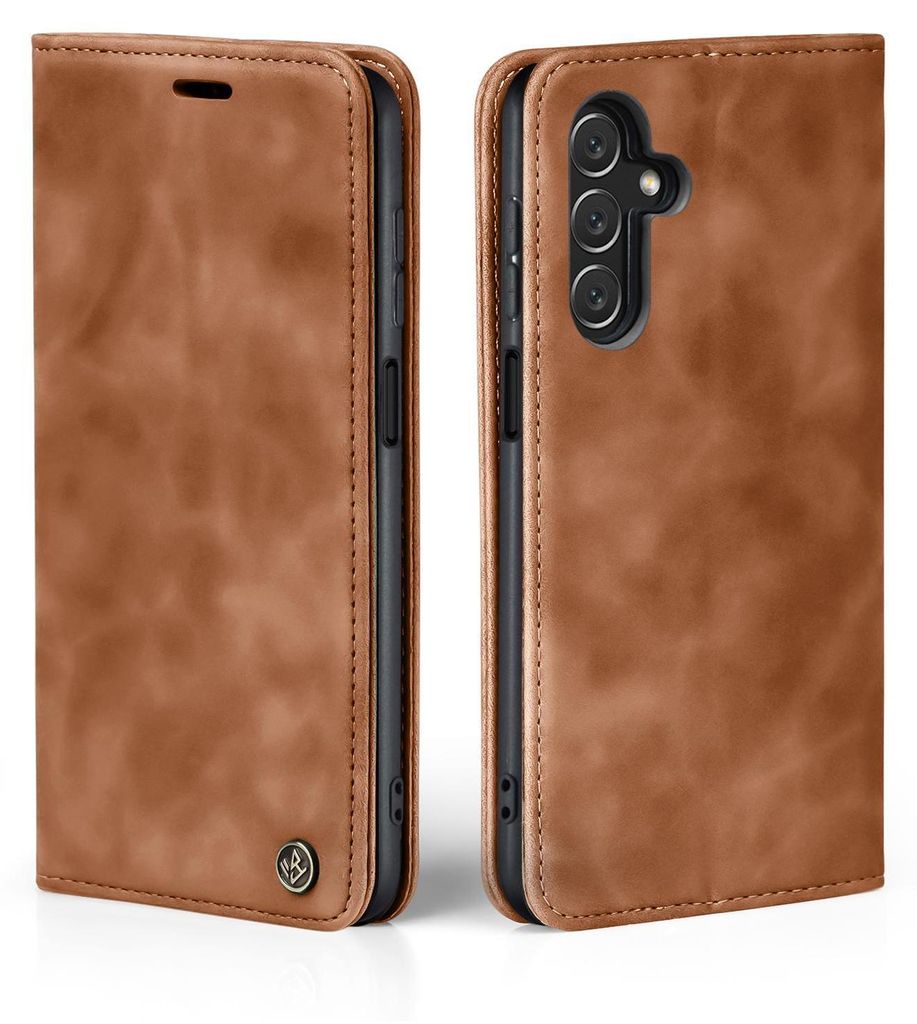 A brown flip case for a smartphone is shown from the front and back.