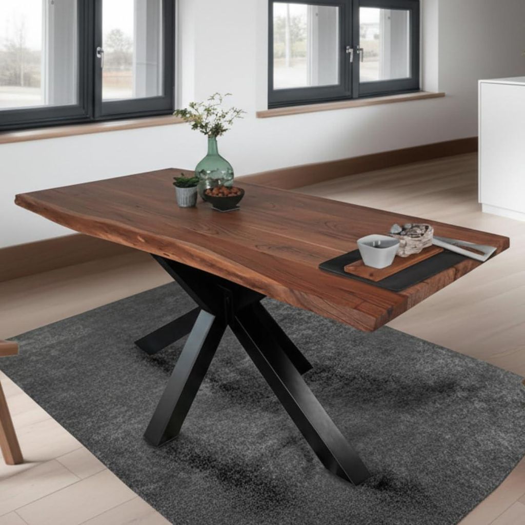 Esstisch 240 x 100 cm Tim, Baumkantentisch nussbaumfarben, Akazienholz massiv, Spider-Gestell aus Metall Schwarz