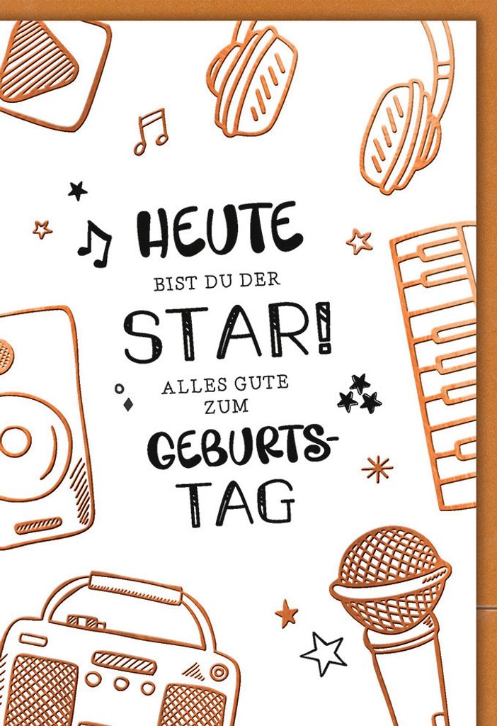 Geburtstag - Karte mit Umschlag - Musik und Mikro, Zeichnung - plastik