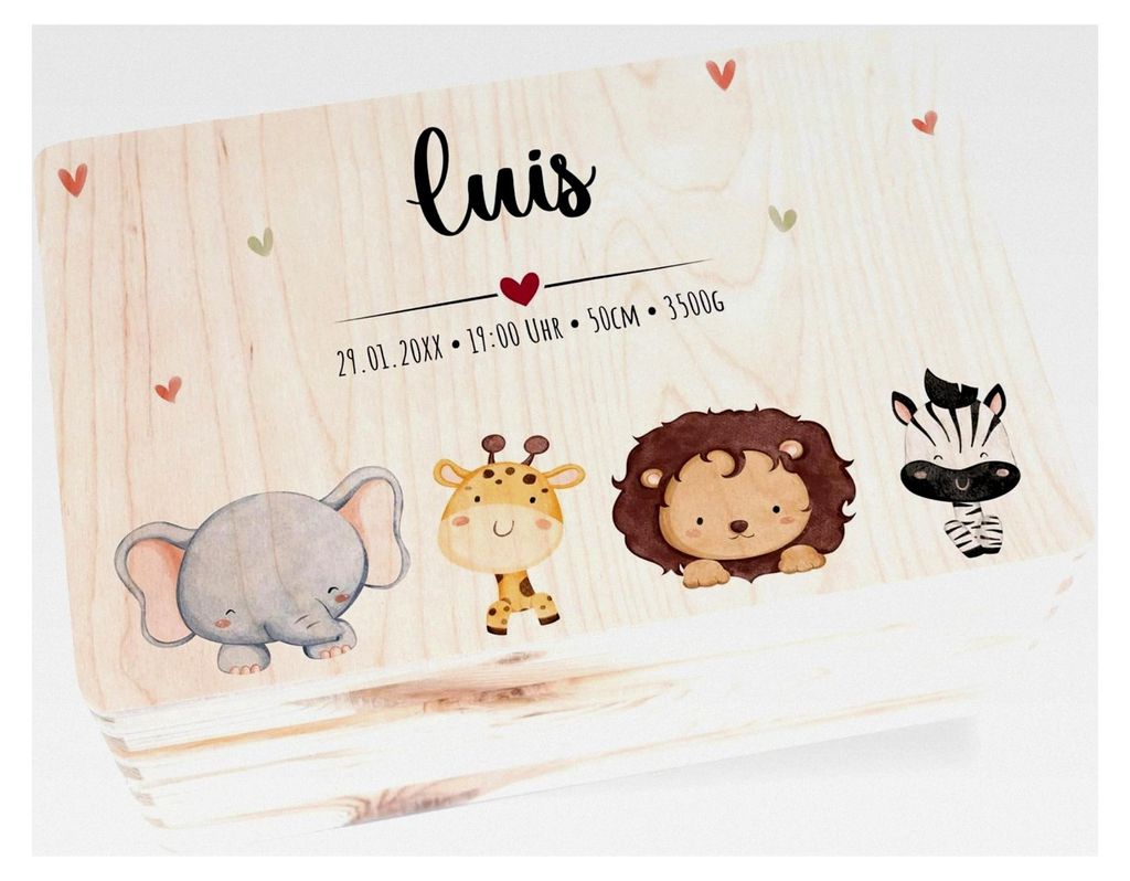Holz Geschenkbox - Tiere - Personalisierte Erinnerungskiste für Babys | Erinnerungsbox für Babyerinnerungen | Zootiere Elefant, Giraffe, Löwe, Z...