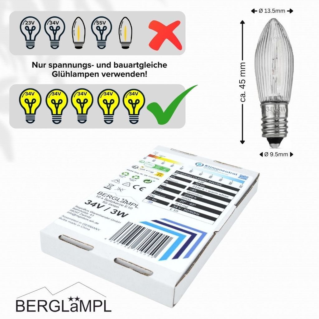 10x Stück E10 34V/3W Ersatzlampe für Schwibbogen, Produktbild 4