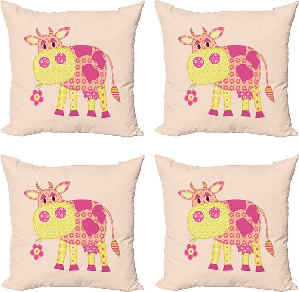 ABAKUHAUS Das Vieh Kissenbezug Set (4 Stück), Childish Patchwork-Kuh, Moderner Doppelseitiger Digitaldruck, 50 cm x 50 cm, Rosa, Gelb, Pfirsich
